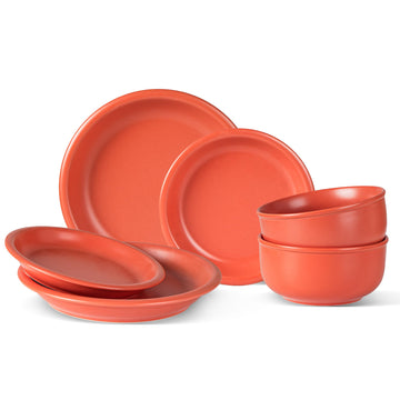 6 Piece Ceramic Plates and Bowls Set, Serves 2, Terracotta Red