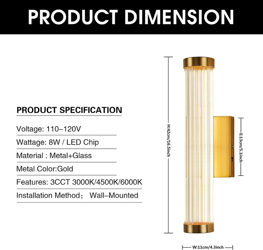 Gold Modern LED Wall Sconce, 3CCT Wall Sconces Dimmable Glass Sconce Wall Lighting Indoor Wall Mount Bathroom Vanity