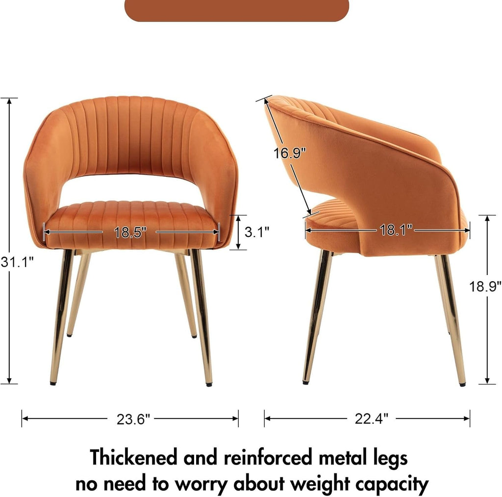 Orange Velvet Dining Chairs Set of 4, Modern Gold Legs Dining Room Chairs with Hollow Back, Upholstered Accent