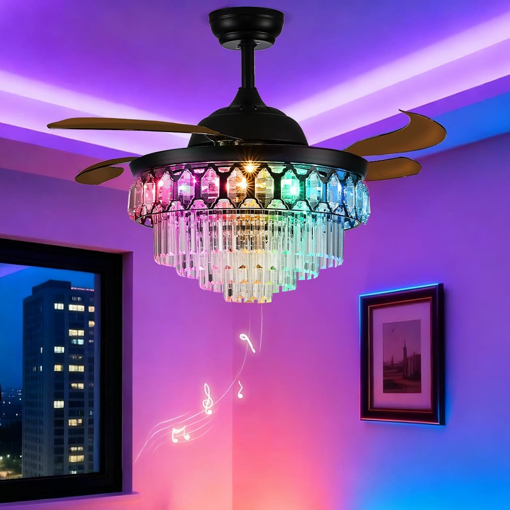 42 Inch Black Fandelier Ceiling Fan with App Remote Control and Bluetooth Speaker