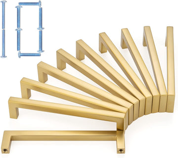 Solid Square Brushed Gold Kitchen Cabinet Handles Gold Cabinet Pulls, 10 Pack 5 Inch Gold Hardware Cabinets Drawers