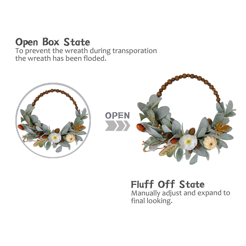 16" Fall Wood Bead Rabbit Ear Leaf Front Door Wreath, Artificial Pumpkin Wood Slice Fall Wreath Fall Harvest
