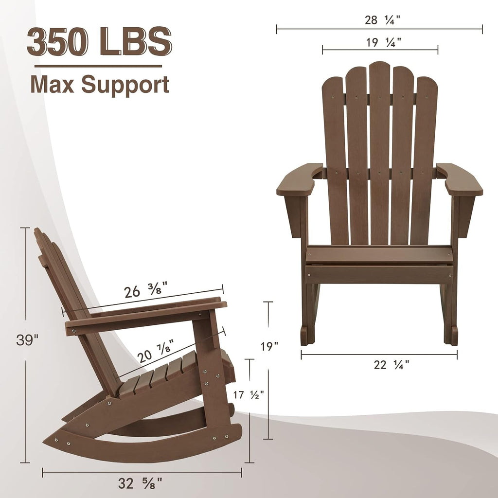 Adirondack Patio Rocking Chair, Brown | Eco-Friendly Wood-Style Outdoor Patio Rocker - Heavy Duty 350 lbs Capacity