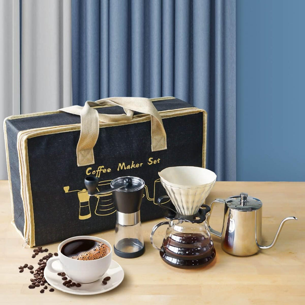 Pour Over Coffee Maker Set, Manual Coffee Kit with 600ml Gooseneck Kettle, Filter Holder, Glass Server & Paper