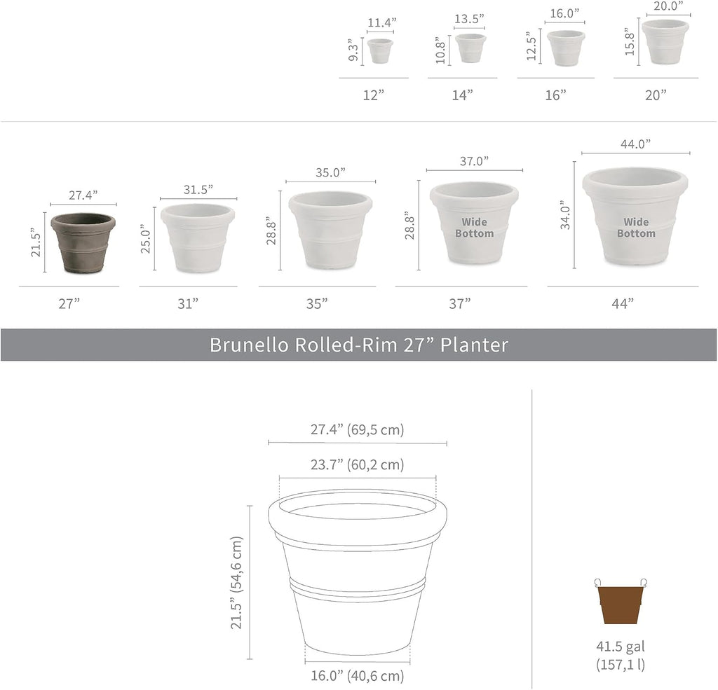 Brunello Classic Gray Rolled Rim Planter Pot, Lightweight Indoor/Outdoor Weather-Safe Round Plant Pot, 27''W