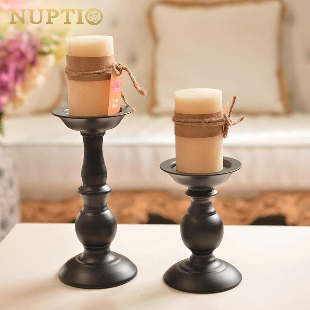 Black Candle Holder for Pillars: Rustic Metal Candle Stands Set | Tall Retro Farmhouse Candleholder 2 Pcs (S + L) for