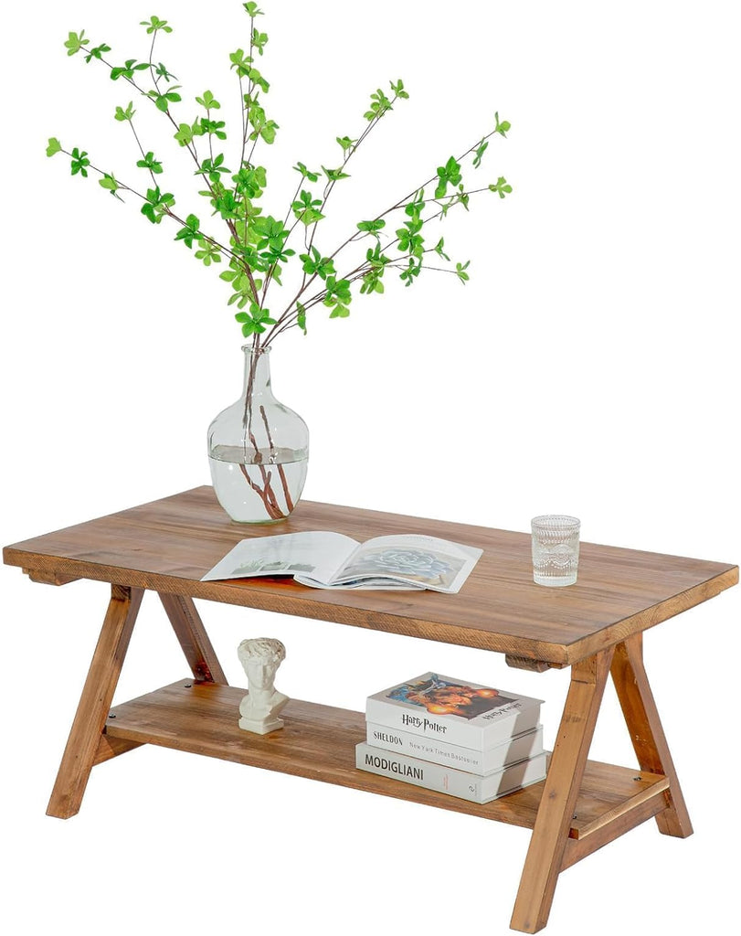 Farmhouse Coffee Table, 2-Tier Solid Wood Coffee Table, Rustic Rectangular with Storage Open Shelf, Natural