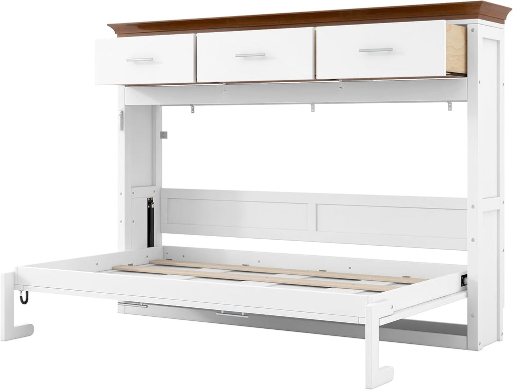 Twin Horizontal Murphy Bed with Drawers,Wood Space-Saving Folding Hideaway Murphy Wall Bed with Storage Drawers, for Adults,White