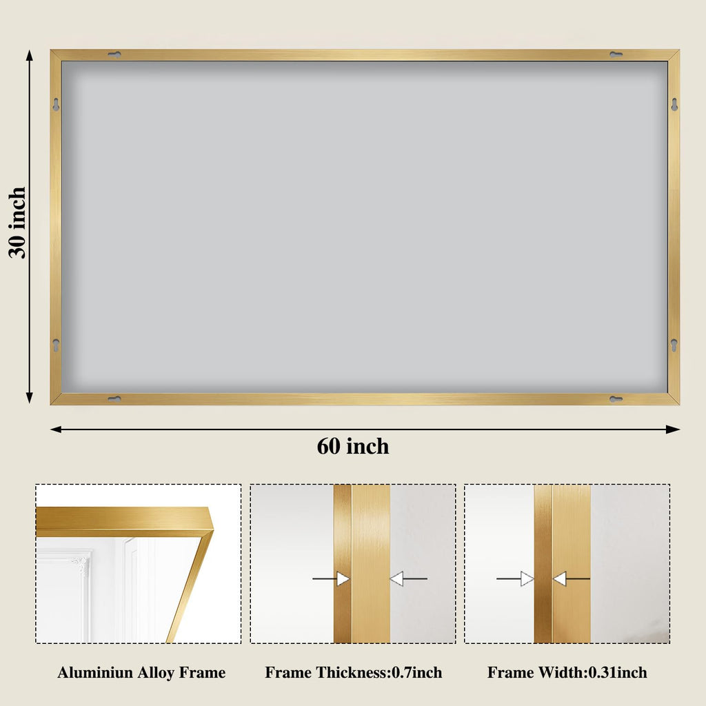 Gold Mirrors for Wall, 30x60 Inch Bathroom Mirror, Rectangular Wall Mirror Bedroom Bathroom, Hangs Horizontally or