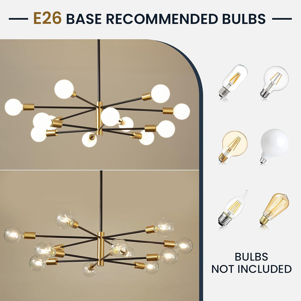 Modern Chandelier Ceiling Light Fixture - 33.4" 12-Light Gold and Black Sputnik Chandeliers, Height Adjustable
