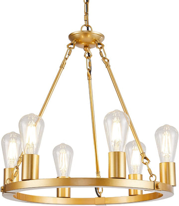 Inspired Camino Style Chandelier - 6 Lights Gold Wagon Wheel Chandelier, Modern Golden Pendant Lights Fixtures for Living Room, Bedroom, Entryway, Foyer, Haning Light with 18.1", E26 Bulbs