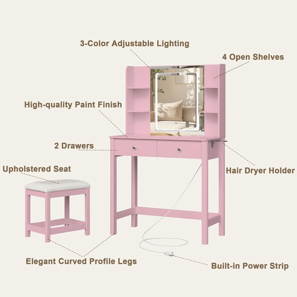 Vanity Desk with LED Mirror, 3 Lighting Modes and Chair | Small Makeup Vanity Table Set with Drawers, Dressing Table