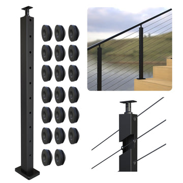 Stair Cable Railing Post 36" (35"X2"x2"), Angle Drilled Stainless Steel Deck Railing Post, Black Stair Angle Holes