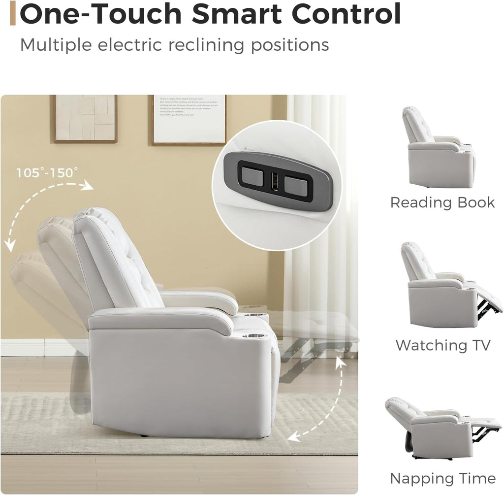 ANJ White Power Recliner Chair Electric Home Theater Seating Soft Leather Movie Chair for Living Room Overstuffed