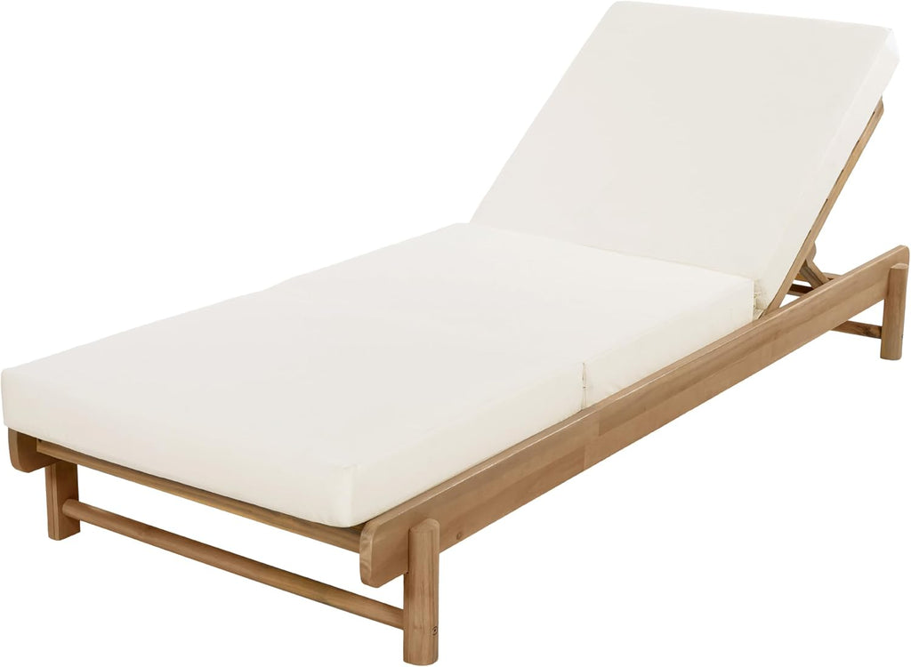 Patio Acacia Wood Chaise Lounge w/ Cushion, Outdoor Folding Chair Recliner | 1 Frame + 1 3-Fold 4" Thick Cream
