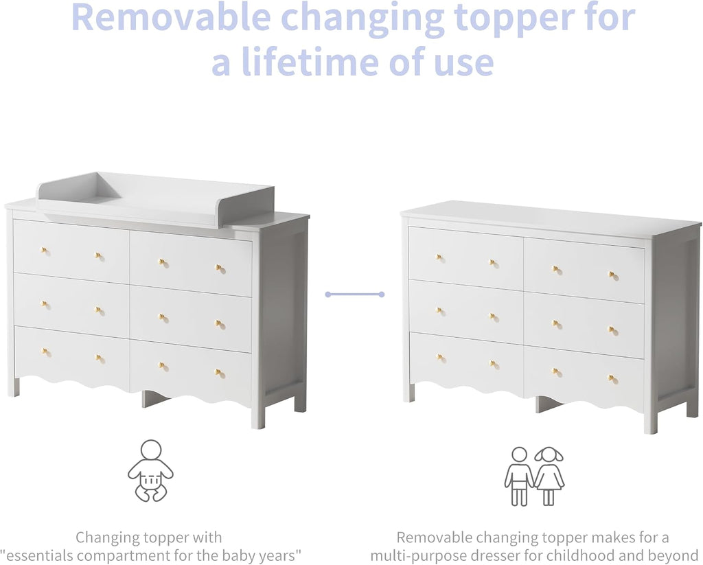 Nursery Dresser with Baby Changing Table White | Wooden Dresser Kids Dresser with 6 Drawer Dresser Baby Dresser