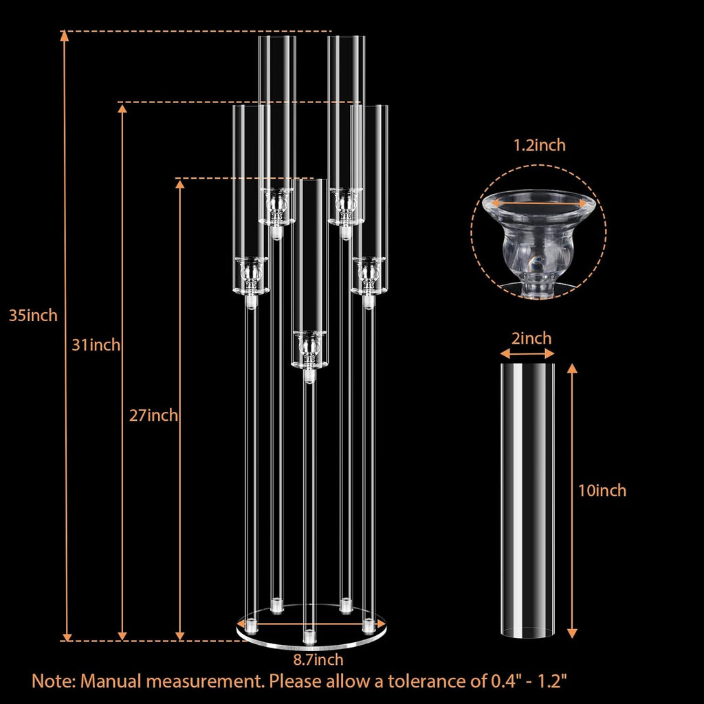 4Pcs 5 Arms Acrylic Candelabra Centerpieces for Tables Decortion,Clear Candle Holder,35 inches Tall Candlesticks