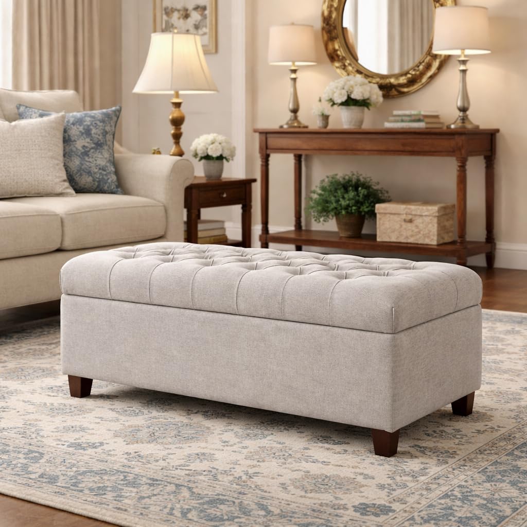 Home Decor | Tufted Ainsley Button Storage Ottoman Bench with Hinged Lid | Ottoman Bench with Storage , Grey