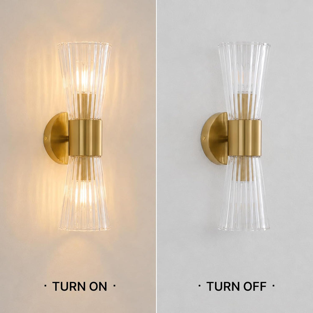 Gold Glass Wall Sconce Light,Mid Century Modern Bathroom Wall Sconces | Ribbed Clear Glass Gold Wall Light,2-Light