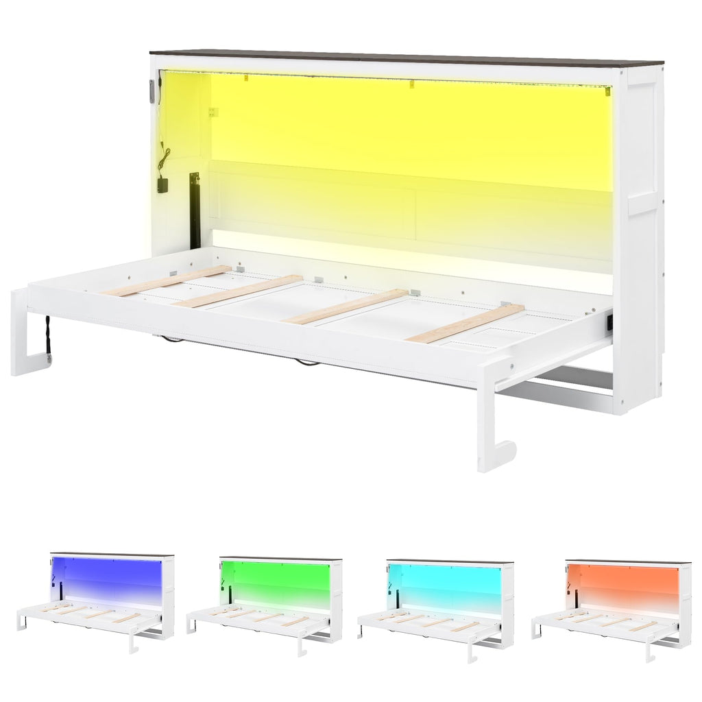 Twin Horizontal Murphy Bed Cabinet with LED, White