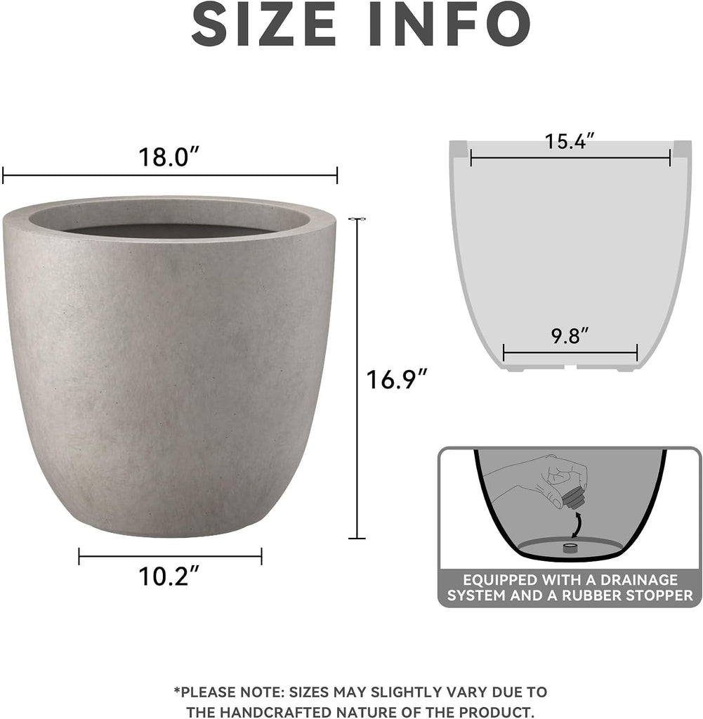 18 Inch Dia Round Concrete Planter, Indoor Outdoor Large Plant Pot with Drainage Hole and Rubber Plug Patio Garden