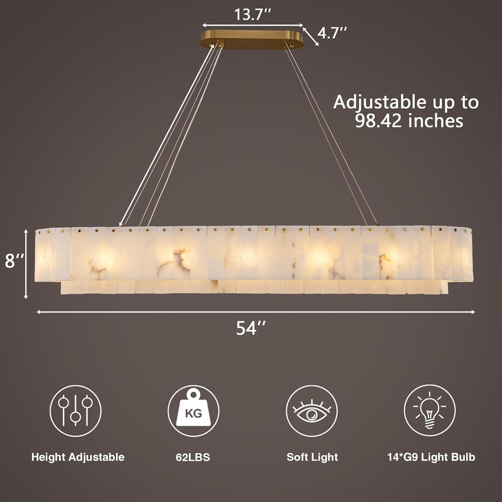 Alabaster Rectangular Chandelier for Dining Room, L54in Gold Large Chandeliers, Marble Modern Pendant Light Fixture for Living Room, Bedroom,Dining Table,Kitchen Island
