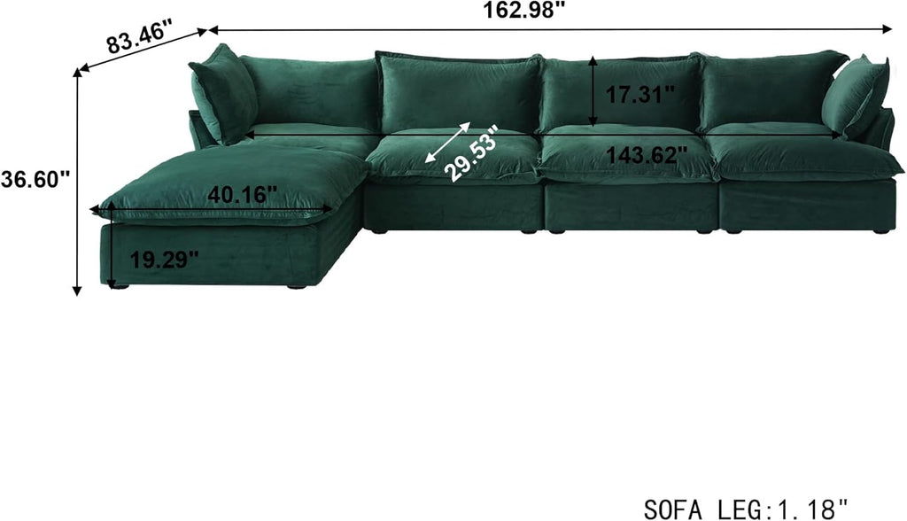 L-Shaped Sectional Couches, Modular Sectional Sofas, Modern Comfy Cloud Couch with Chaise Ottoman, Cushion Covers Removable, Two Corners and Two Middle Sofa for Living Room (Green)