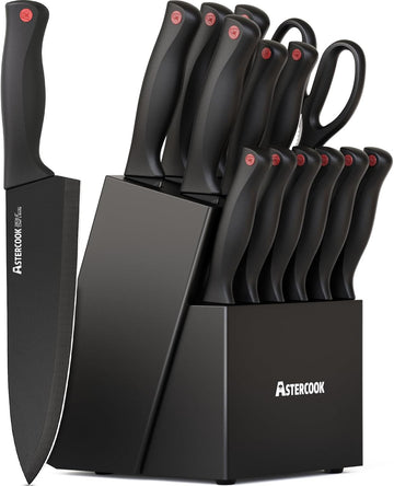 Knife Set with Block and Sharpener 15pcs German | Stainless Steel Kitchen Utensils Set Dishwasher Safe