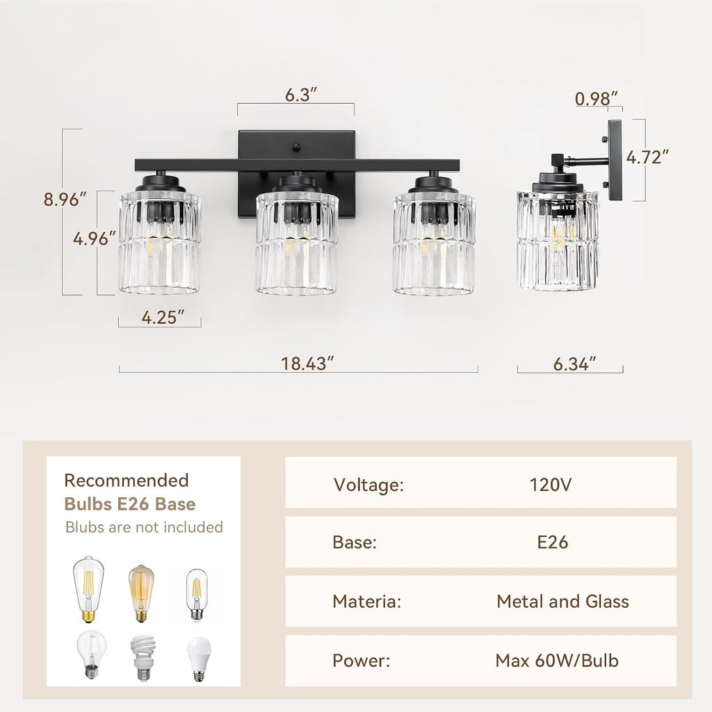 Black 3-Light Bathroom Vanity Light with Fluted Cylinder Glass Shade | Modern Vanity Lighting Fixtures, Bathroom