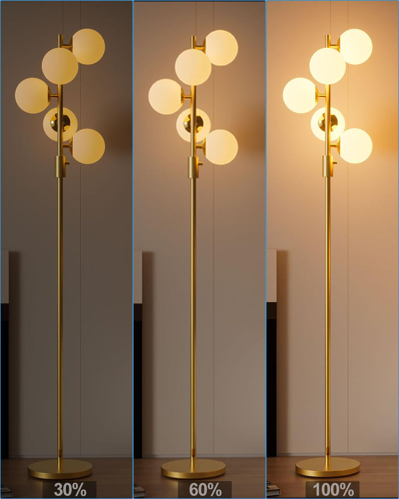 Dimmable Globe Floor Lamp Mid Century Modern Floor Lamp with 5Pcs 3000K Bulbs Included Brightness Adjustable Gold