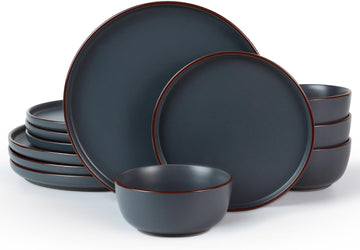 Mercury Plates and Bowls Sets, 12 Pieces Stoneware Dinnerware Sets, Dishes Set for 4, Microwave and Dishwasher Safe