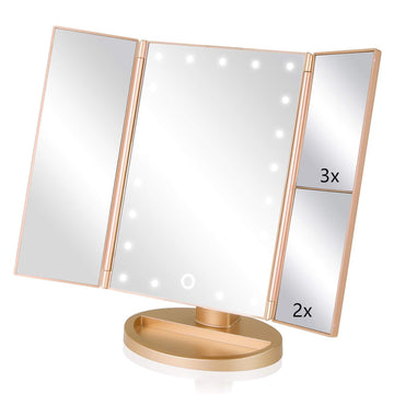Trifold Makeup Mirror Vanity Mirror with Lights,1X 2X 3X Magnification,Touch Control,Adjustable Rotation,Dual Power