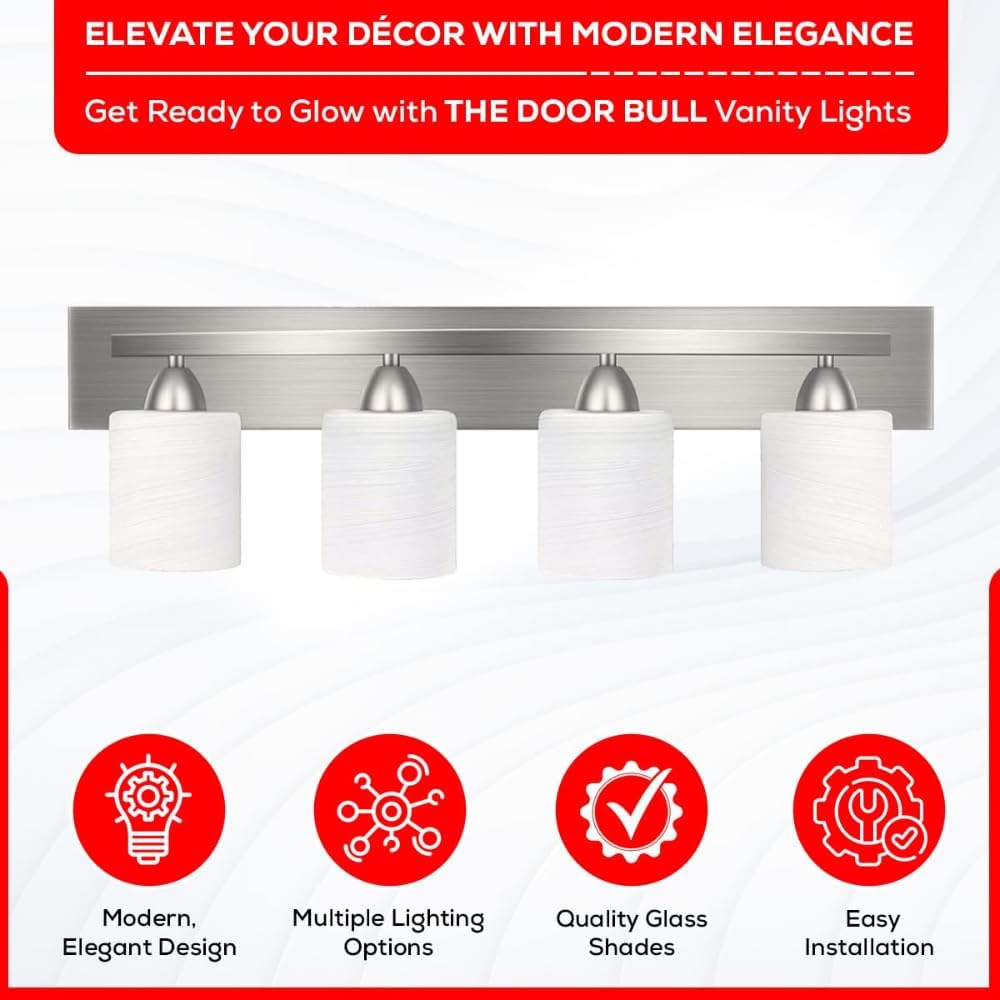 4-Light Bathroom Vanity Bar Light Fixture - Brushed Nickel | Modern Frosted glass shades with E26 socket. Matte Wall