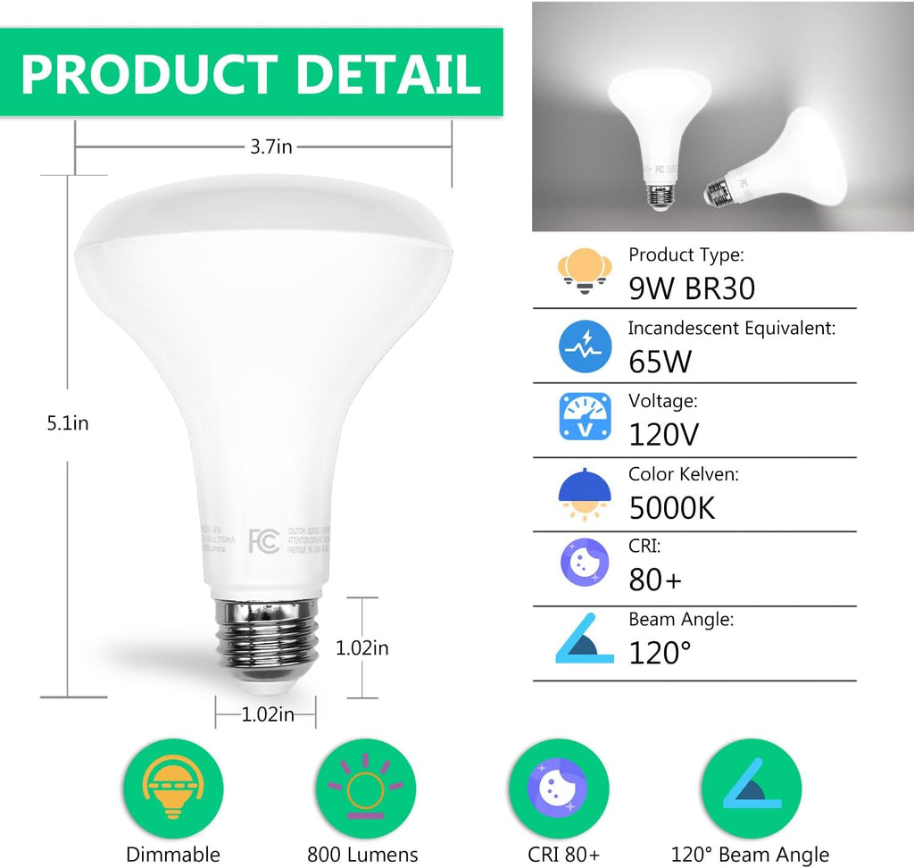 BR30 LED Light Bulbs Indoor Flood Light, 5000K Daylight White LED Bulb 65W Equivalent, Dimmable, E26 Base, 800LM (12Pack)