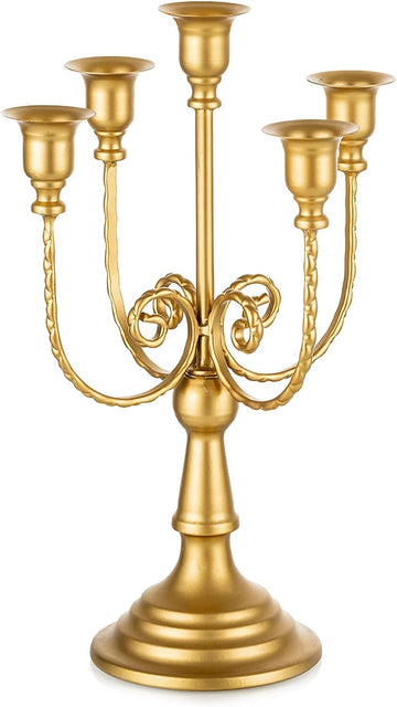 Candelabra Gold Candle Holders - 5 Arm 11.8" Wedding Candlestick Holder for Theme Party Table Centrepiece Decor