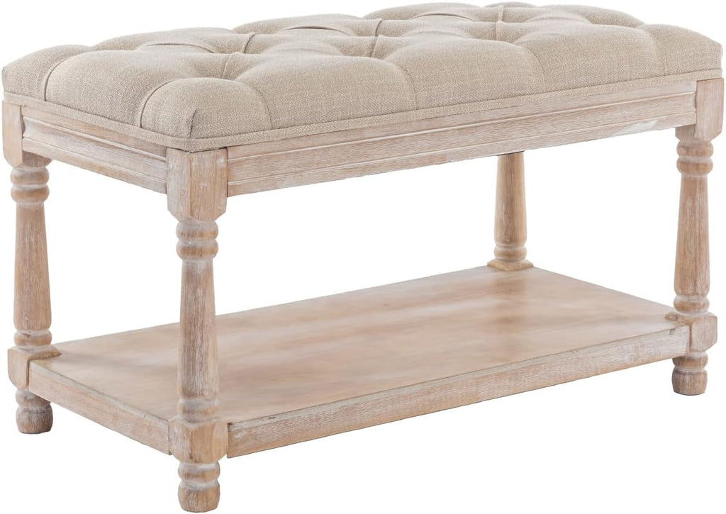 Farmhouse Storage Bench Wooden Entryway Linen Upholstered Ottoman Button Tufted Bench End of Bed Hallway Organizer