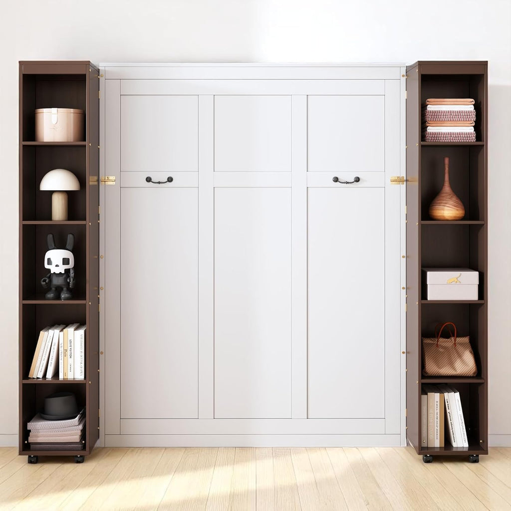 Folding Hidden Queen Murphy Bed Cabinet with Storage Bookcase Bookshelf, Wood Murphy Wall Bed with Storage Shelves
