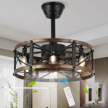 19" Farmhouse Fandelier Ceiling Fan with Light, Caged Bladeless Ceiling Fans with Lights and Remote, Modern Small Enclosed Ceiling Fans with Lights for Living Room, Bedroom, Black