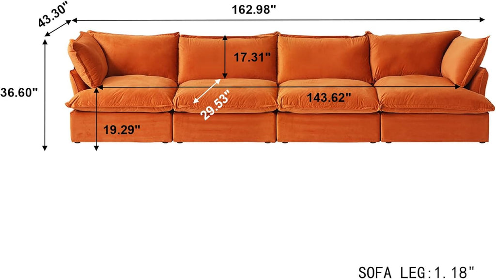 Modular Sectional Couches for Living Room, 162" Deep 4 Seater Sectional Sofa, Cushion Covers Removable, Two Corners and Two Middle, Sofas Furniture for Living Room, Orange