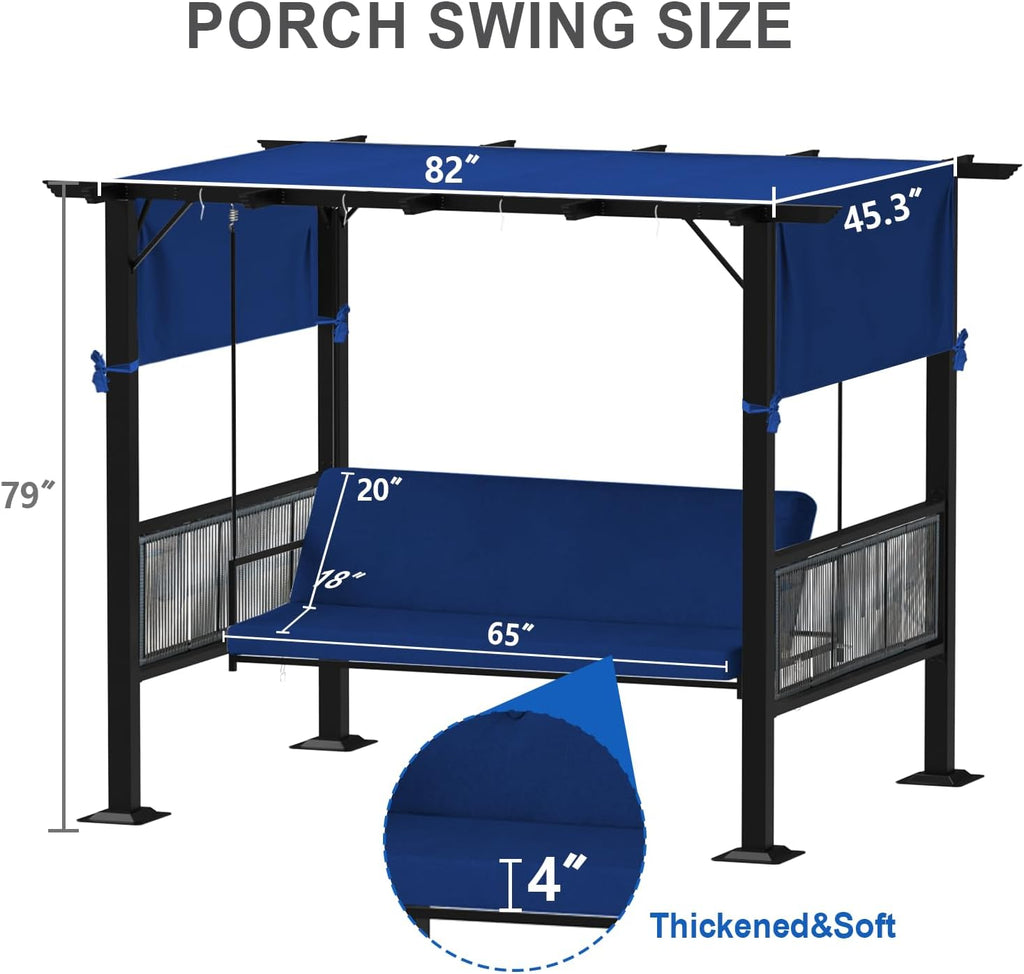 2 in 1 Porch Swing with Adjustable Canopy & LED Lights, 1,000 lb Heavy-Duty 3-Seat Swing Bed with Stand, 65-Inch