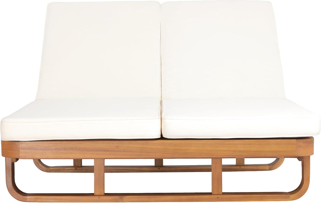 Double Acacia Wood Chaise Lounge with Dual Adjustable Backrests, Patio Outdoor Chaise Lounge with Cushions, Wooden