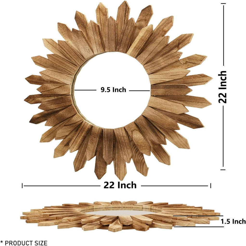 2 Pack 22 Inch Boho Wall Sunburst Mirror Rustic Round Wood Decorative Mirror Boho Wall Art Decor Bedroom Living Room