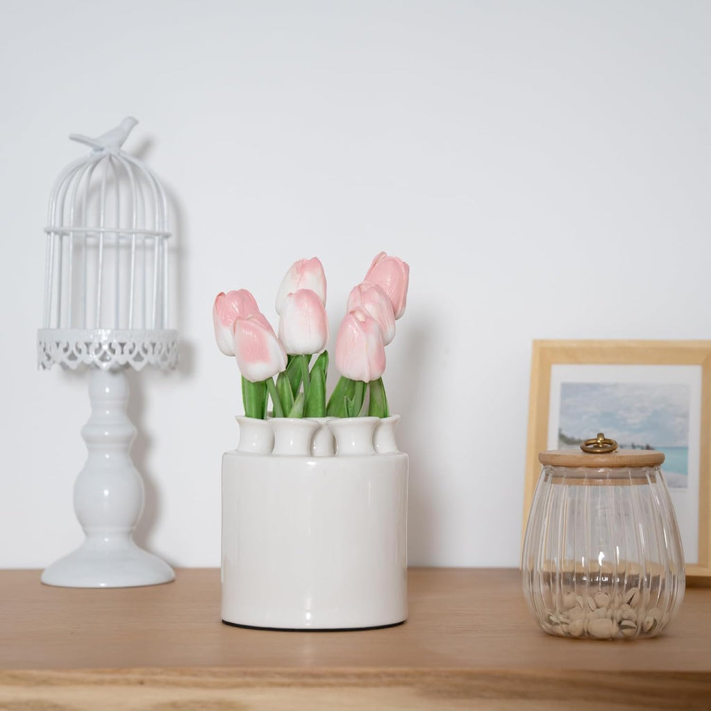 Large Ceramic Vase Modern Cylinder Design with 7 Flower Openings, Perfect Centerpiece