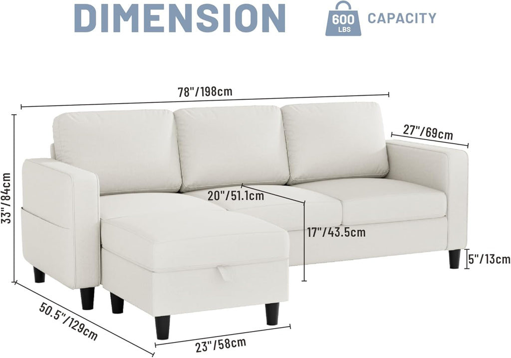 Sectional Couches for Living Room Convertible 3 Seater Sofas 78" L Shaped Couch with Removable Storage Ottoman Modern