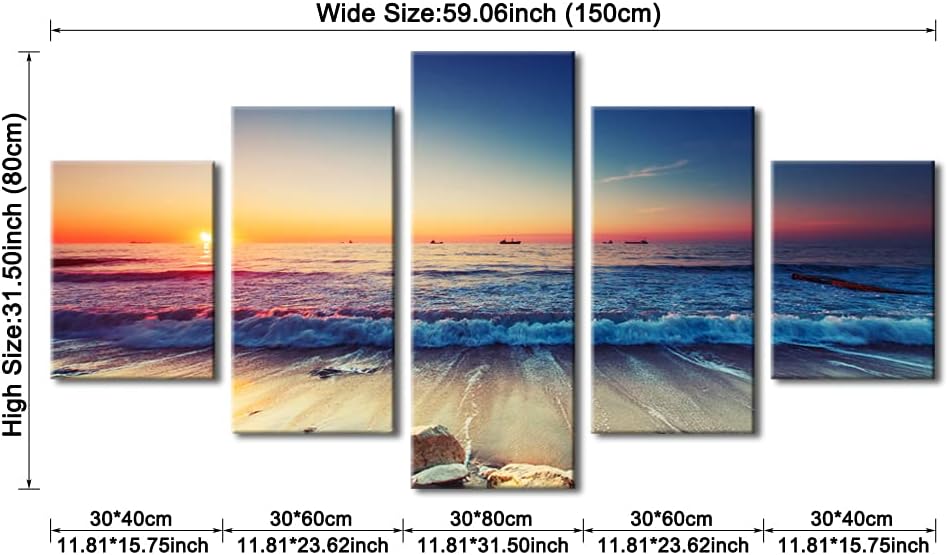 5 Piece Large Modern Seascape Artwork Gallery Wrapped Ocean Sea Beach Pictures Canvas Prints Waves Paintings on