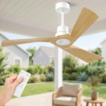 Inspired Adler Style 52" Solid Wood Ceiling Fan Without Light, 3 Sculpted Blades, Quiet DC Motor, 6-Speed Remote - White and Natural Wood