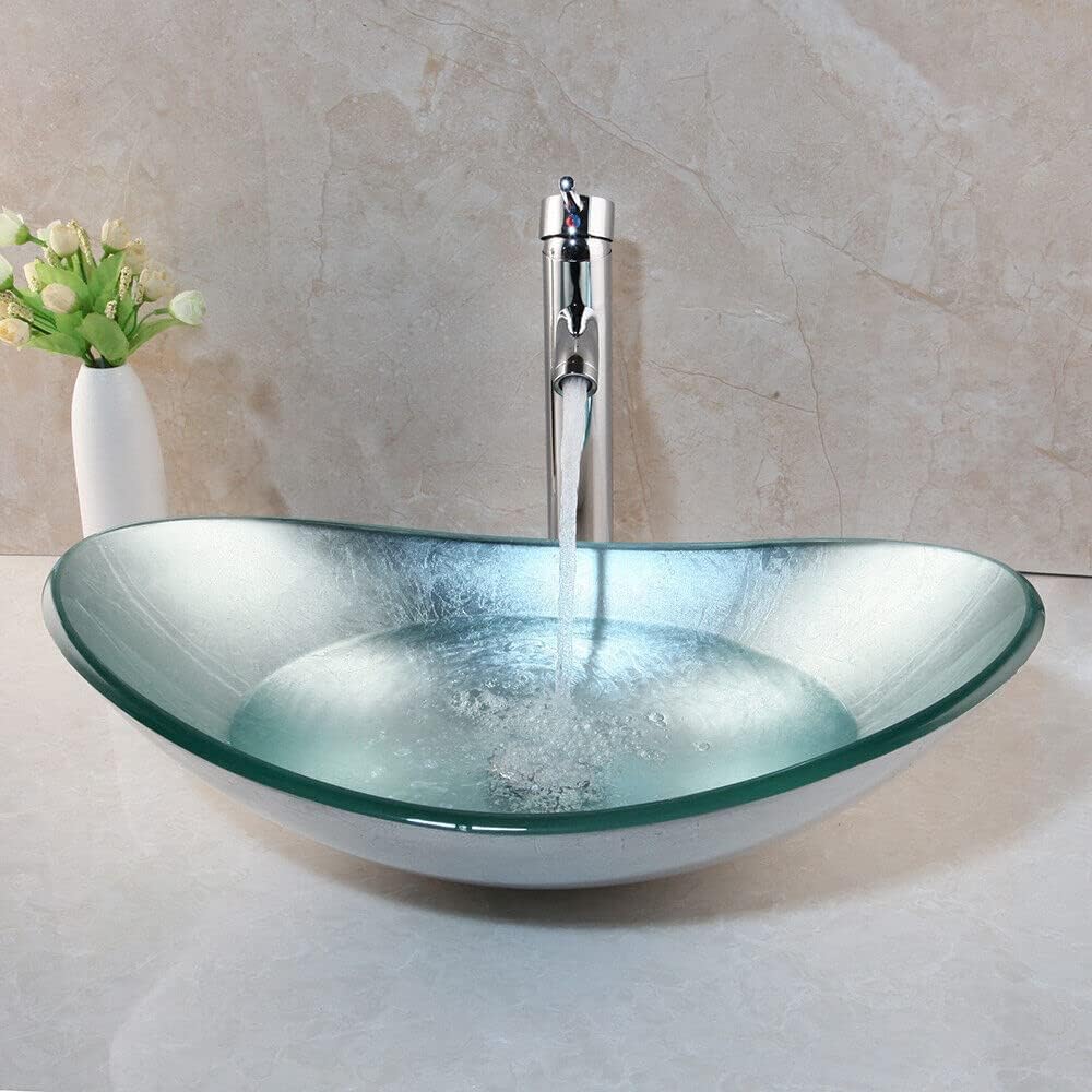 Bathroom vessel sink, Artistic Tempered Glass Oval Vessel Sink Above Counter with Chrome Faucet and Pop-up Drain Combo