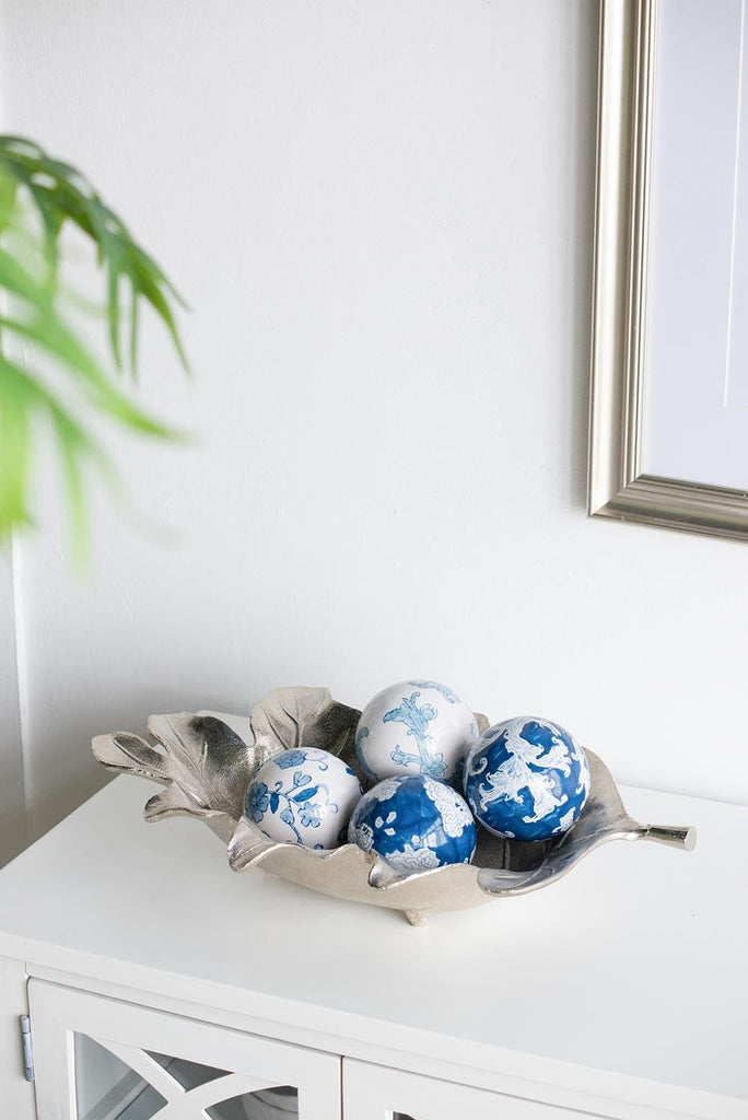 Set of 4 Ceramic Decorative Spheres - Handcrafted Blue and White Coastal Floral Orbs Decor, Tabletop Accent, Shelf