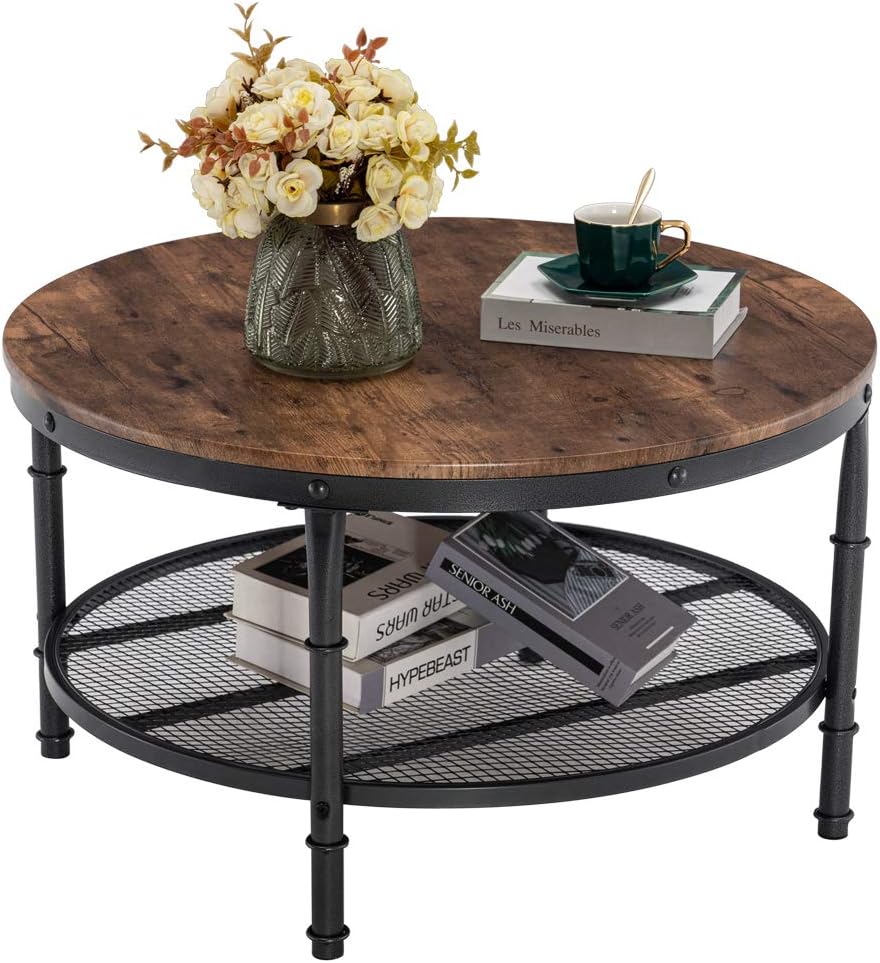 Round Coffee Table with Storage - 31.5" Rustic Farmhouse Design, Industrial Style with Metal Shelf