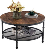 Round Coffee Table with Storage - 31.5" Rustic Farmhouse Design, Industrial Style with Metal Shelf